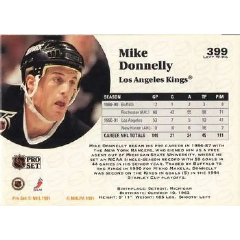 1991-92 Pro Set #399 Mike Donnelly NM-MT RC Rookie Los Angeles Kings Hockey Card - Hockey Card Single