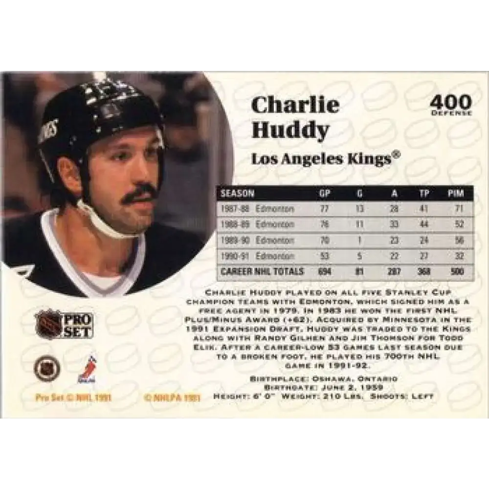 1991-92 Pro Set #400 Charlie Huddy NM-MT Los Angeles Kings Hockey Card - Hockey Card Single