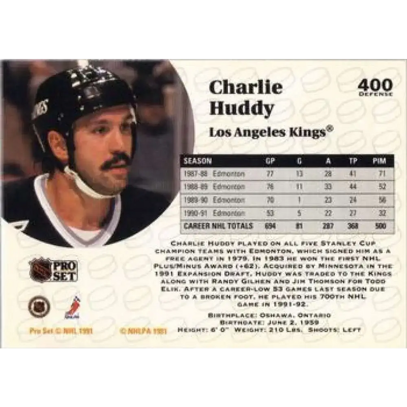 1991-92 Pro Set #400 Charlie Huddy NM-MT Los Angeles Kings Hockey Card - Hockey Card Single