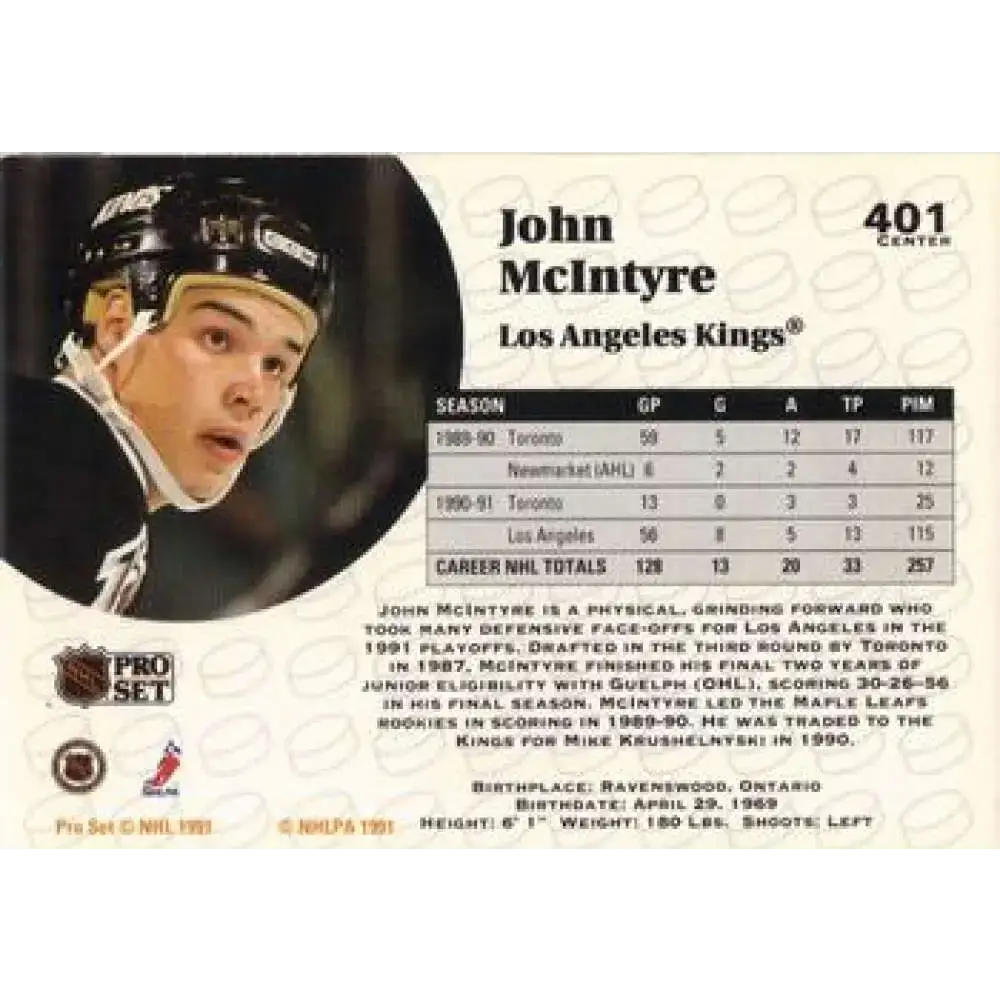 1991-92 Pro Set #401 John McIntyre NM-MT Los Angeles Kings Hockey Card - Hockey Card Single