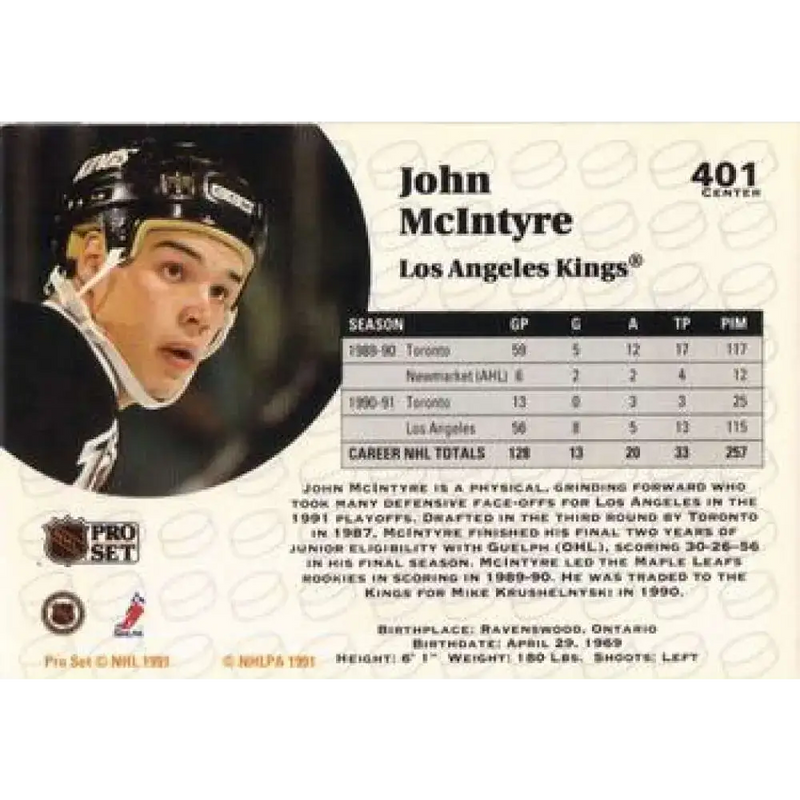 1991-92 Pro Set #401 John McIntyre NM-MT Los Angeles Kings Hockey Card - Hockey Card Single