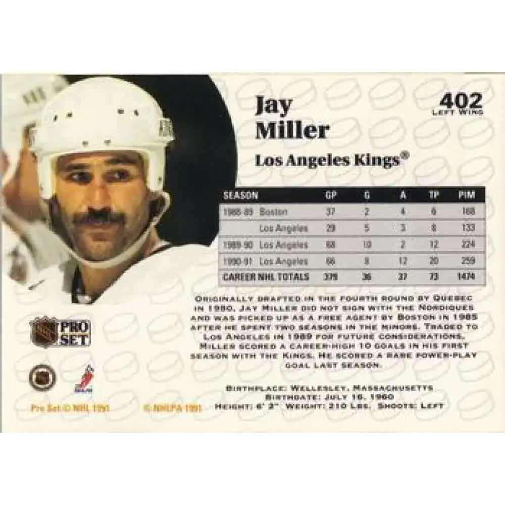 1991-92 Pro Set #402 Jay Miller NM-MT Los Angeles Kings Hockey Card - Hockey Card Single
