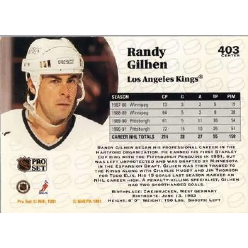1991-92 Pro Set #403 Randy Gilhen NM-MT Los Angeles Kings Hockey Card - Hockey Card Single