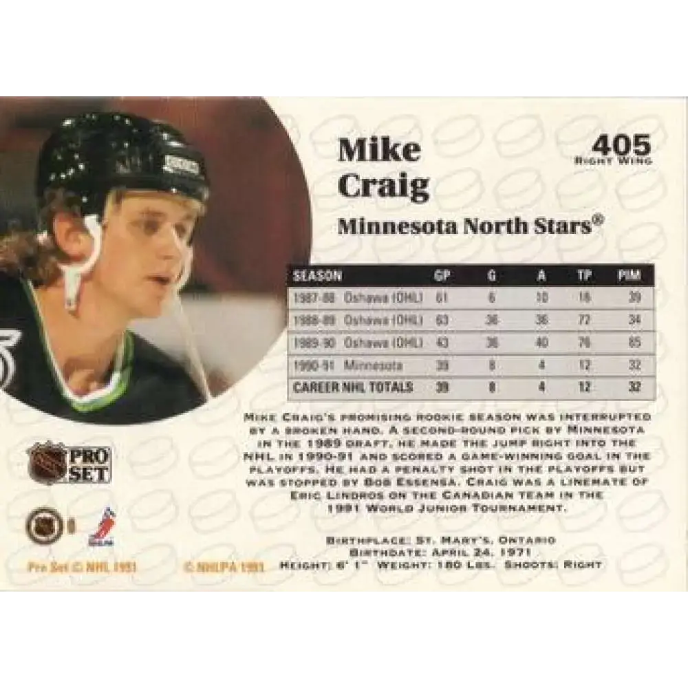 1991-92 Pro Set #405 Mike Craig NM-MT Minnesota North Stars Hockey Card - Hockey Card Single