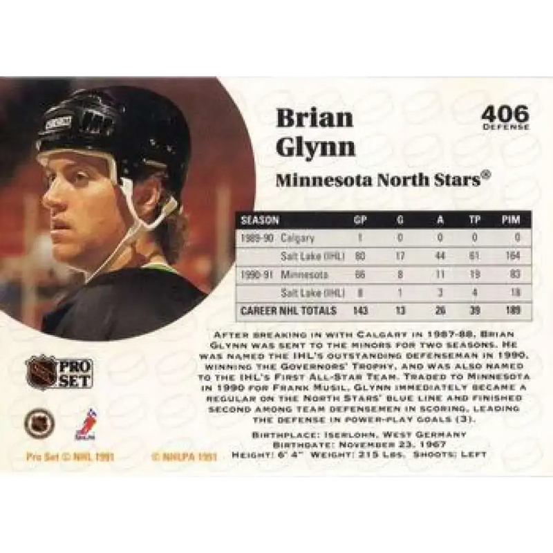 1991-92 Pro Set #406 Brian Glynn NM-MT Minnesota North Stars Hockey Card - Hockey Card Single