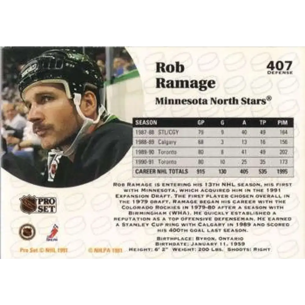 1991-92 Pro Set #407 Rob Ramage NM-MT Minnesota North Stars Hockey Card - Hockey Card Single