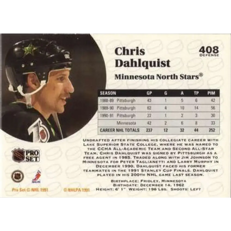 1991-92 Pro Set #408 Chris Dahlquist NM-MT Minnesota North Stars Hockey Card - Hockey Card Single