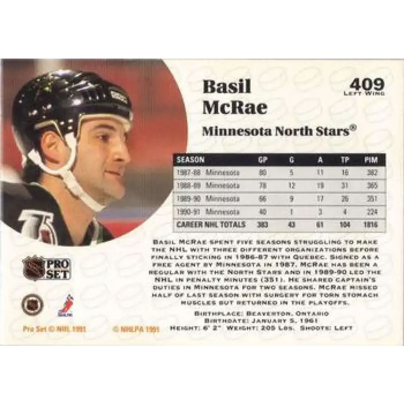 1991-92 Pro Set #409 Basil McRae NM-MT Minnesota North Stars Hockey Card - Hockey Card Single