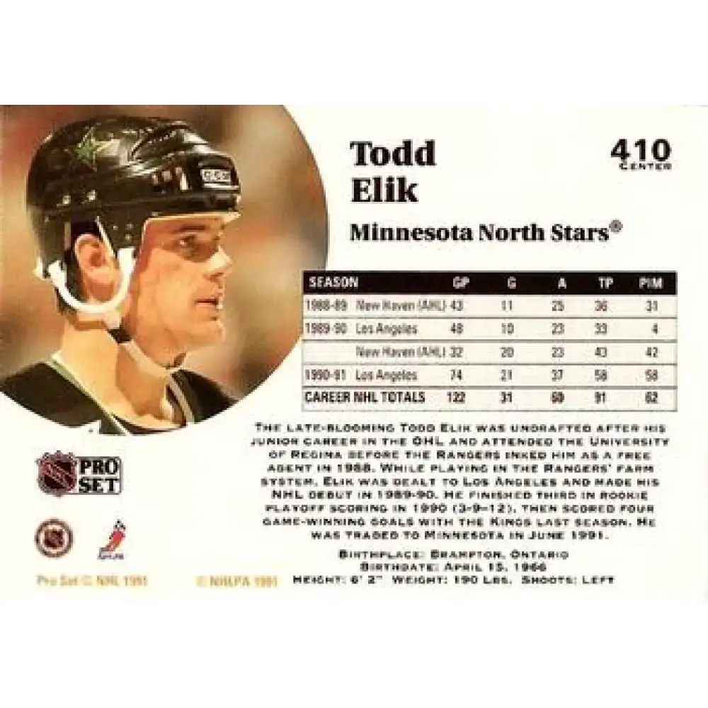 1991-92 Pro Set #410 Todd Elik NM-MT Minnesota North Stars Hockey Card - Hockey Card Single