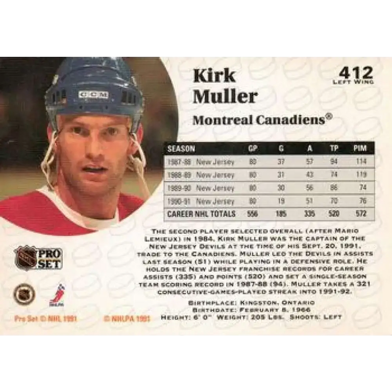 1991-92 Pro Set #412 Kirk Muller NM-MT Montreal Canadiens Hockey Card - Hockey Card Single