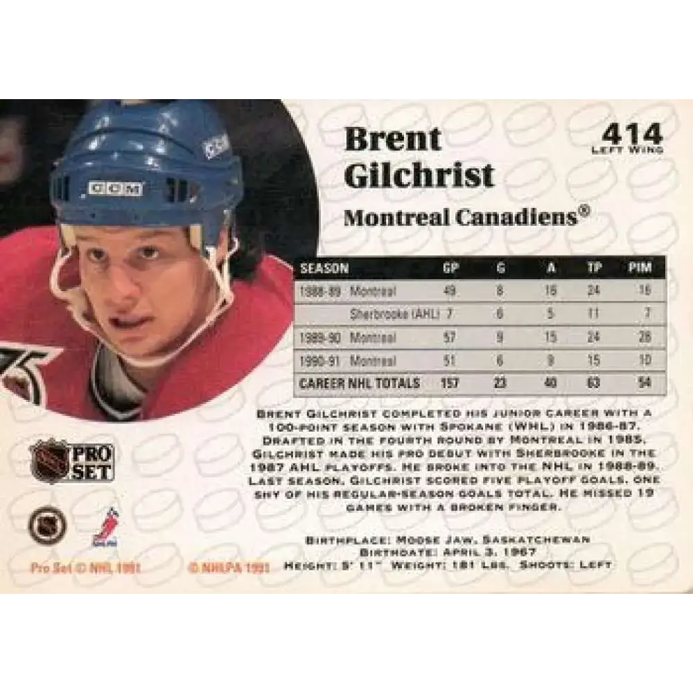 1991-92 Pro Set #414 Brent Gilchrist NM-MT Montreal Canadiens Hockey Card - Hockey Card Single