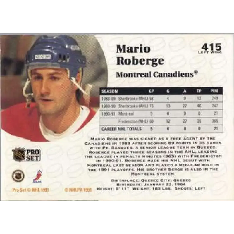 1991-92 Pro Set #415 Mario Roberge NM-MT Montreal Canadiens Hockey Card - Hockey Card Single
