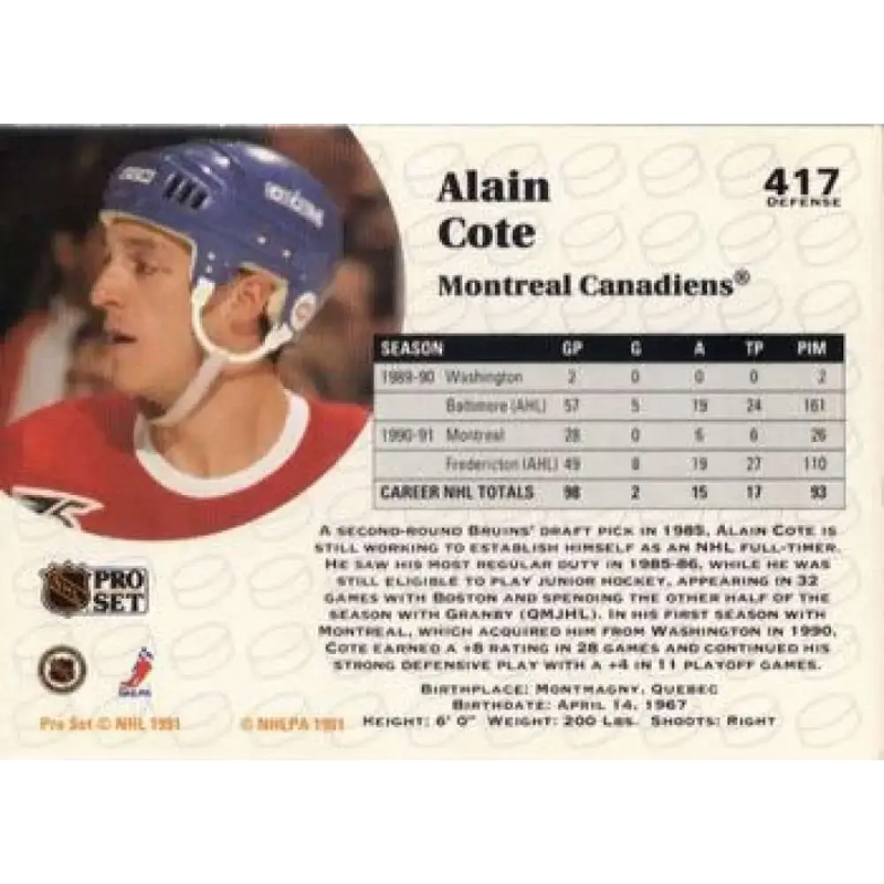 1991-92 Pro Set #417 Alain Cote NM-MT Montreal Canadiens Hockey Card - Hockey Card Single