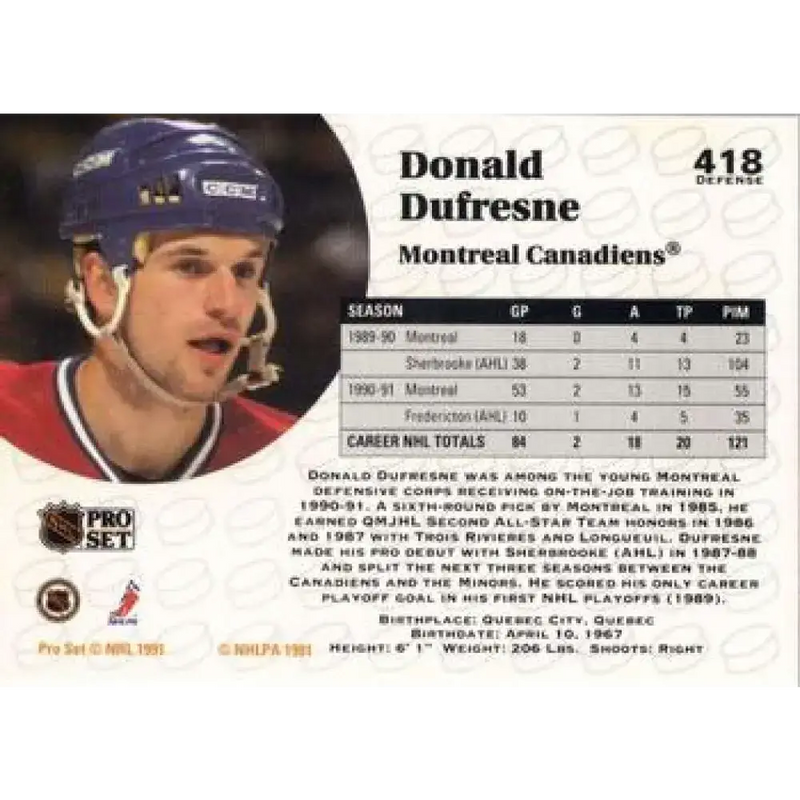 1991-92 Pro Set #418 Donald Dufresne NM-MT Montreal Canadiens Hockey Card - Hockey Card Single