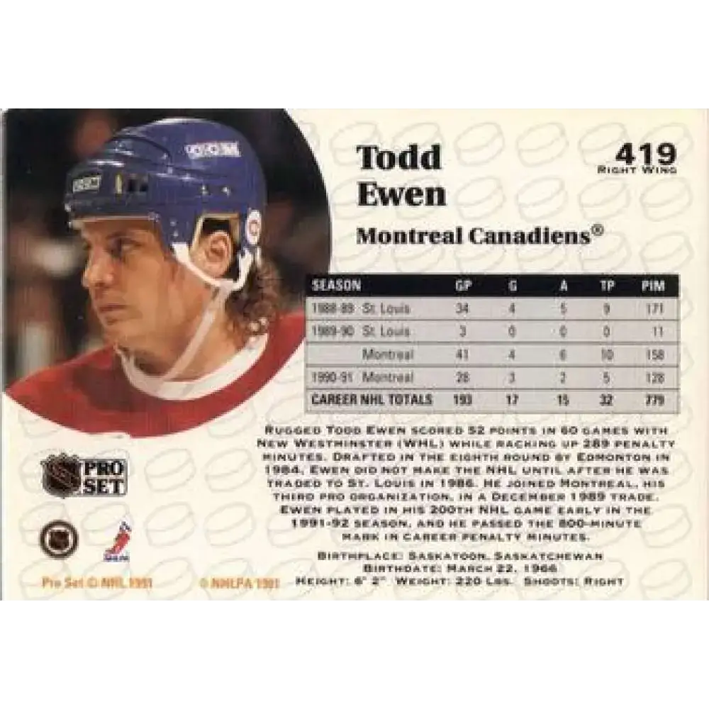1991-92 Pro Set #419 Todd Ewen NM-MT Montreal Canadiens Hockey Card - Hockey Card Single