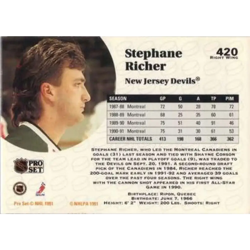 1991-92 Pro Set #420 Stephane Richer NM-MT New Jersey Devils Hockey Card - Hockey Card Single