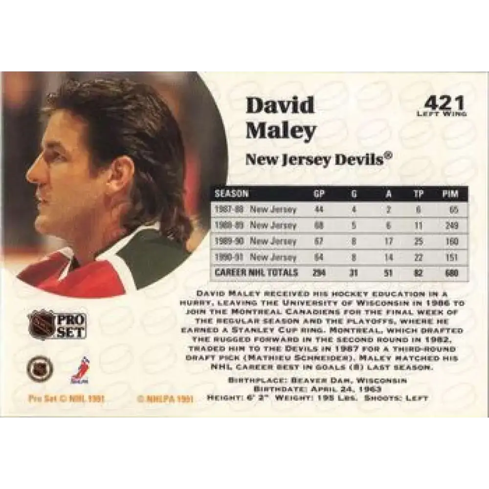 1991-92 Pro Set #421 David Maley NM-MT New Jersey Devils Hockey Card - Hockey Card Single