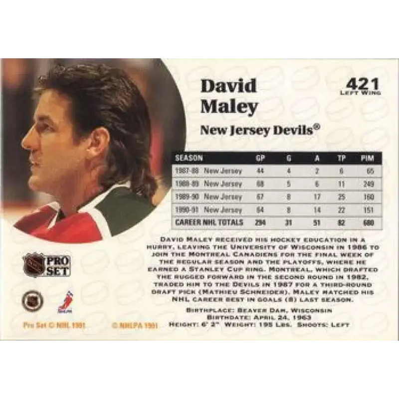 1991-92 Pro Set #421 David Maley NM-MT New Jersey Devils Hockey Card - Hockey Card Single