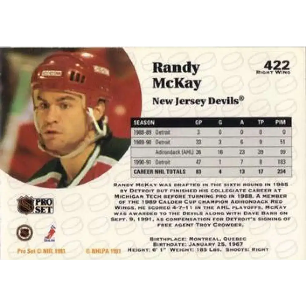 1991-92 Pro Set #422 Randy McKay NM-MT New Jersey Devils Hockey Card - Hockey Card Single