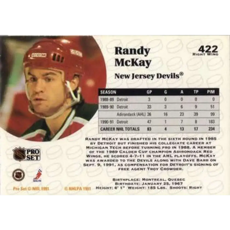 1991-92 Pro Set #422 Randy McKay NM-MT New Jersey Devils Hockey Card - Hockey Card Single