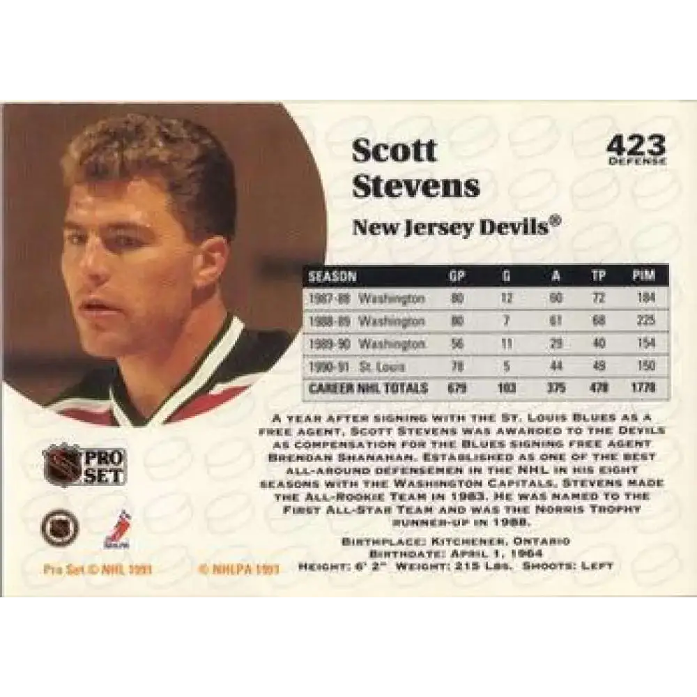1991-92 Pro Set #423 Scott Stevens NM-MT New Jersey Devils Hockey Card - Hockey Card Single