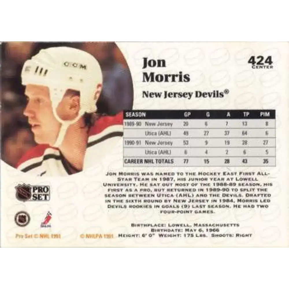 1991-92 Pro Set #424 Jon Morris NM-MT New Jersey Devils Hockey Card - Hockey Card Single