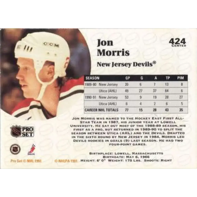 1991-92 Pro Set #424 Jon Morris NM-MT New Jersey Devils Hockey Card - Hockey Card Single