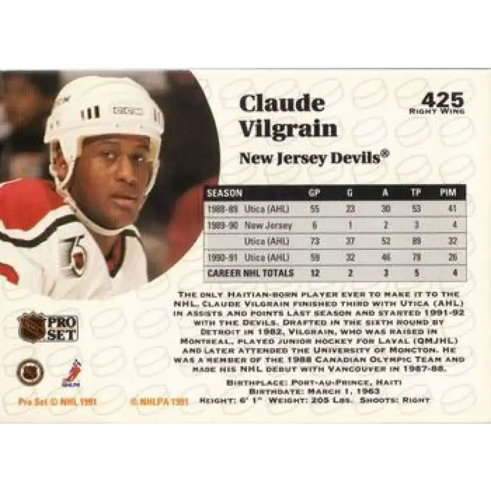 1991-92 Pro Set #425 Claude Vilgrain NM-MT New Jersey Devils Hockey Card - Hockey Card Single