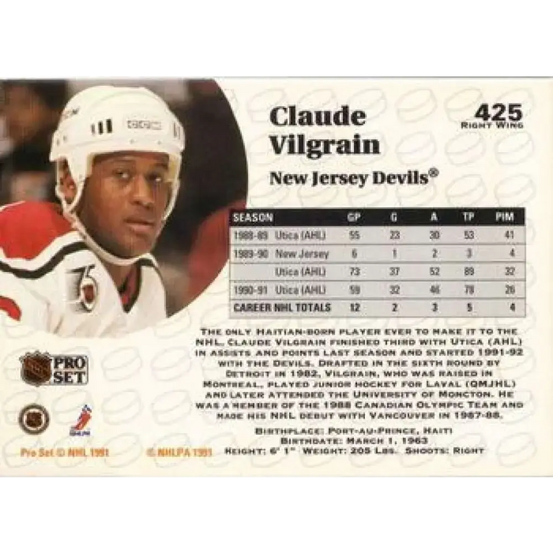 1991-92 Pro Set #425 Claude Vilgrain NM-MT New Jersey Devils Hockey Card - Hockey Card Single