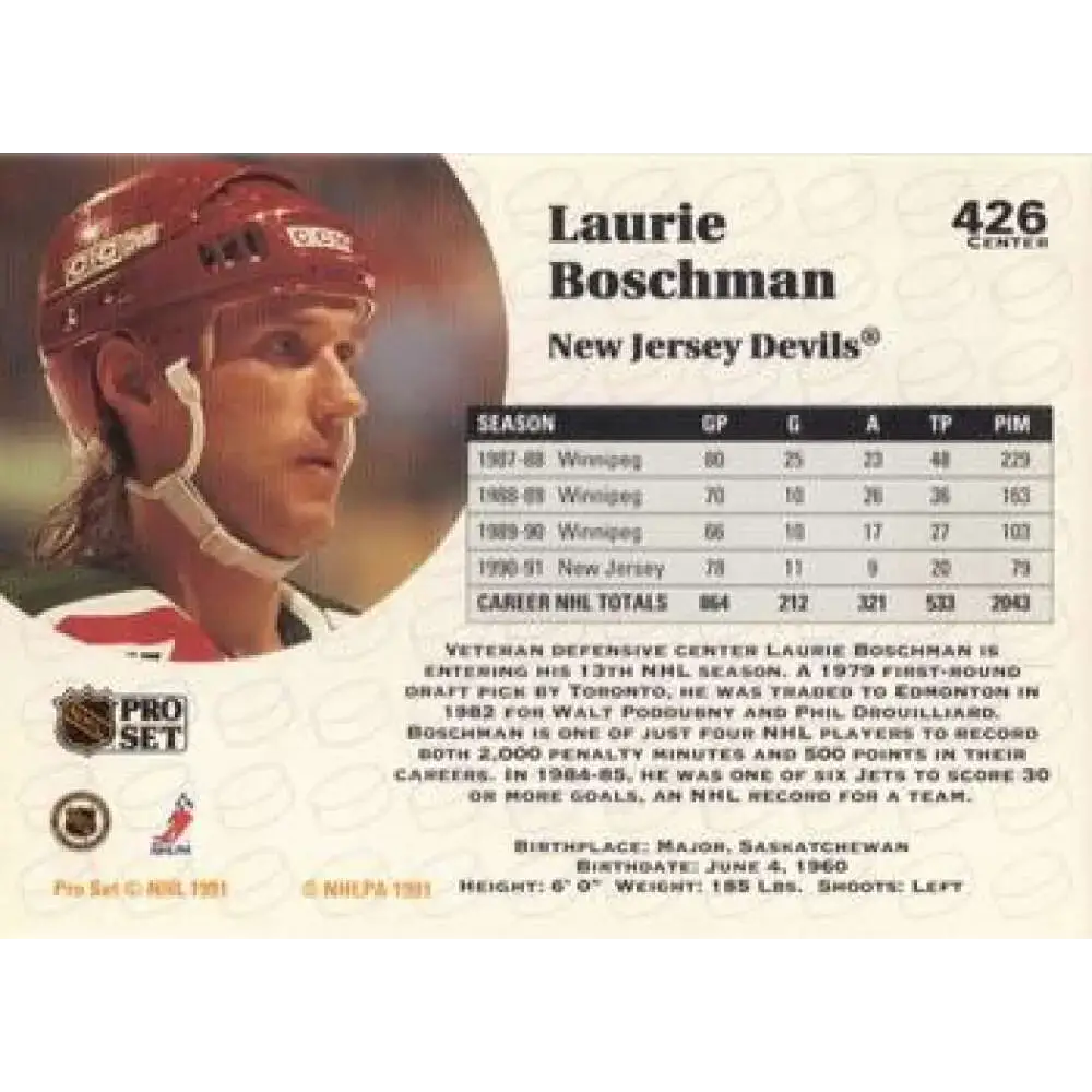 1991-92 Pro Set #426 Laurie Boschman NM-MT New Jersey Devils Hockey Card - Hockey Card Single
