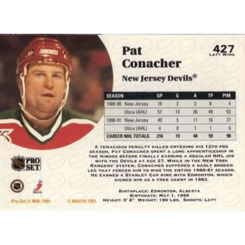 1991-92 Pro Set #427 Pat Conacher NM-MT New Jersey Devils Hockey Card - Hockey Card Single