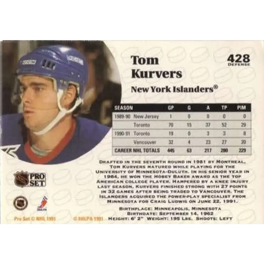 1991-92 Pro Set #428 Tom Kurvers NM-MT New York Islanders Hockey Card - Hockey Card Single