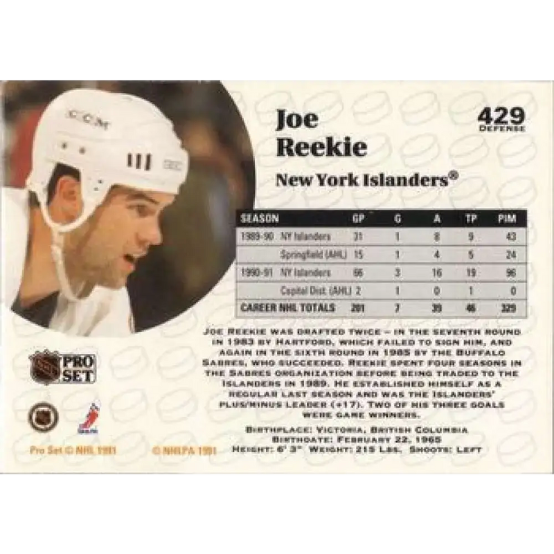 1991-92 Pro Set #429 Joe Reekie NM-MT New York Islanders Hockey Card - Hockey Card Single