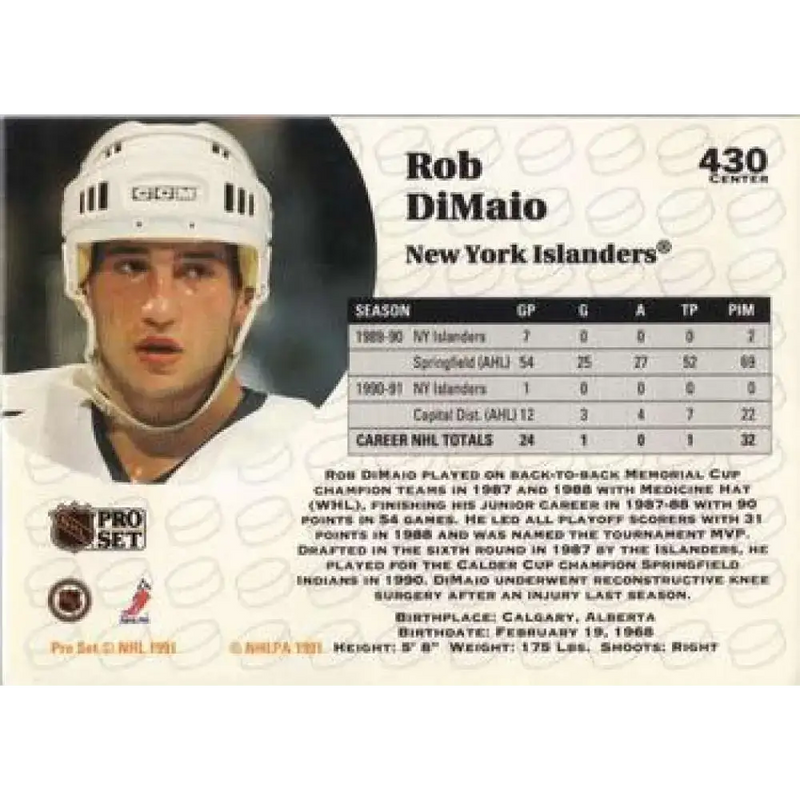 1991-92 Pro Set #430 Rob DiMaio NM-MT New York Islanders Hockey Card - Hockey Card Single