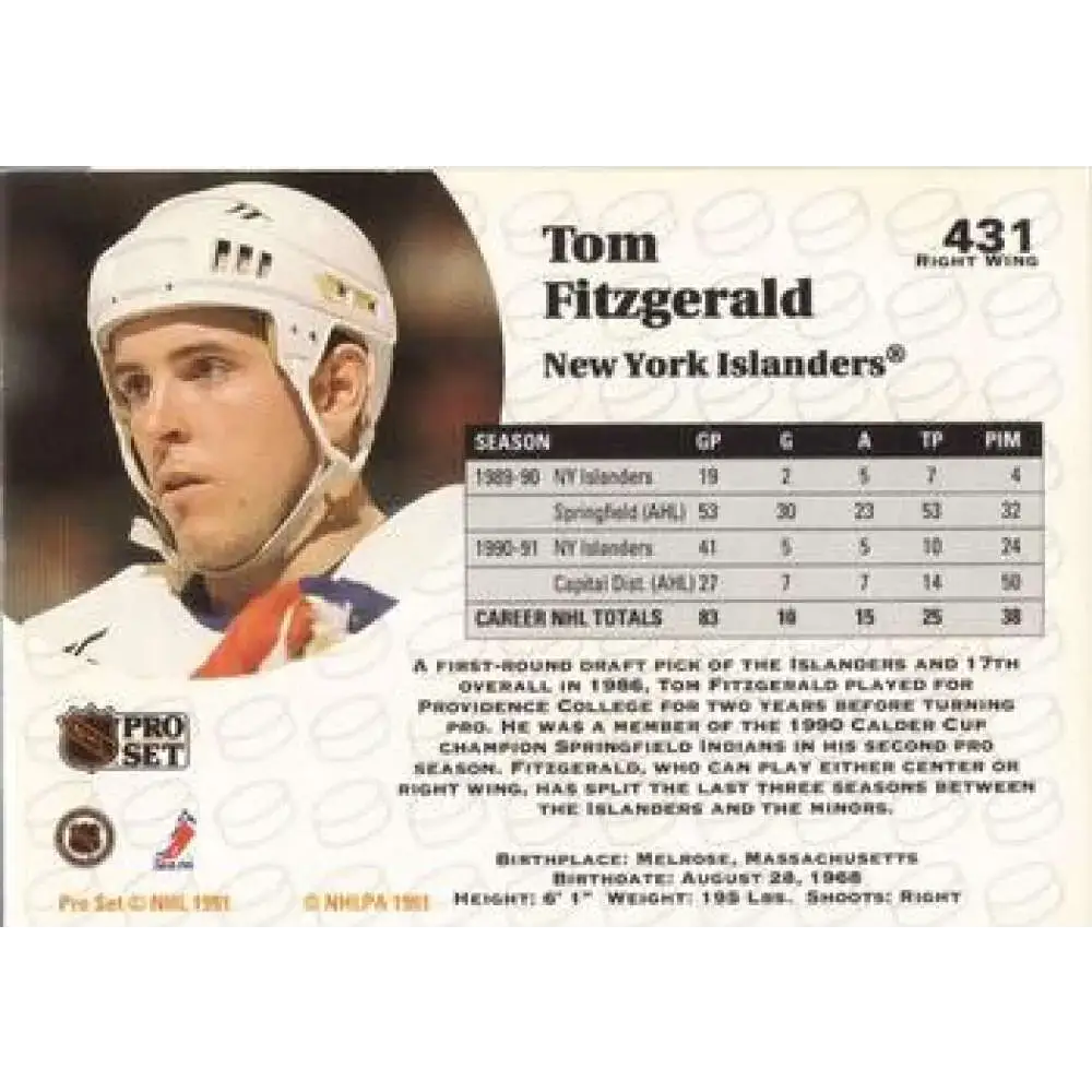1991-92 Pro Set #431 Tom Fitzgerald NM-MT New York Islanders Hockey Card - Hockey Card Single