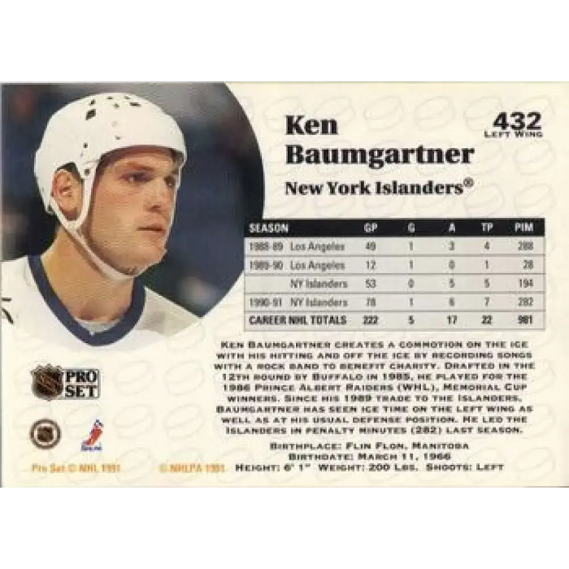 1991-92 Pro Set #432 Ken Baumgartner NM-MT New York Islanders Hockey Card - Hockey Card Single