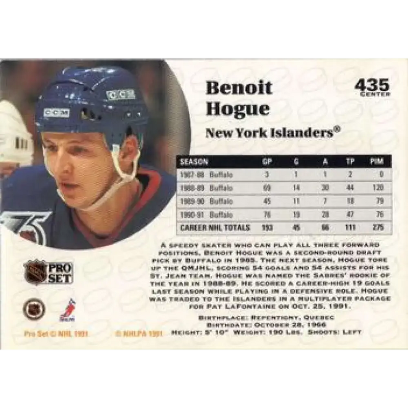 1991-92 Pro Set #435 Benoit Hogue NM-MT New York Islanders Hockey Card - Hockey Card Single