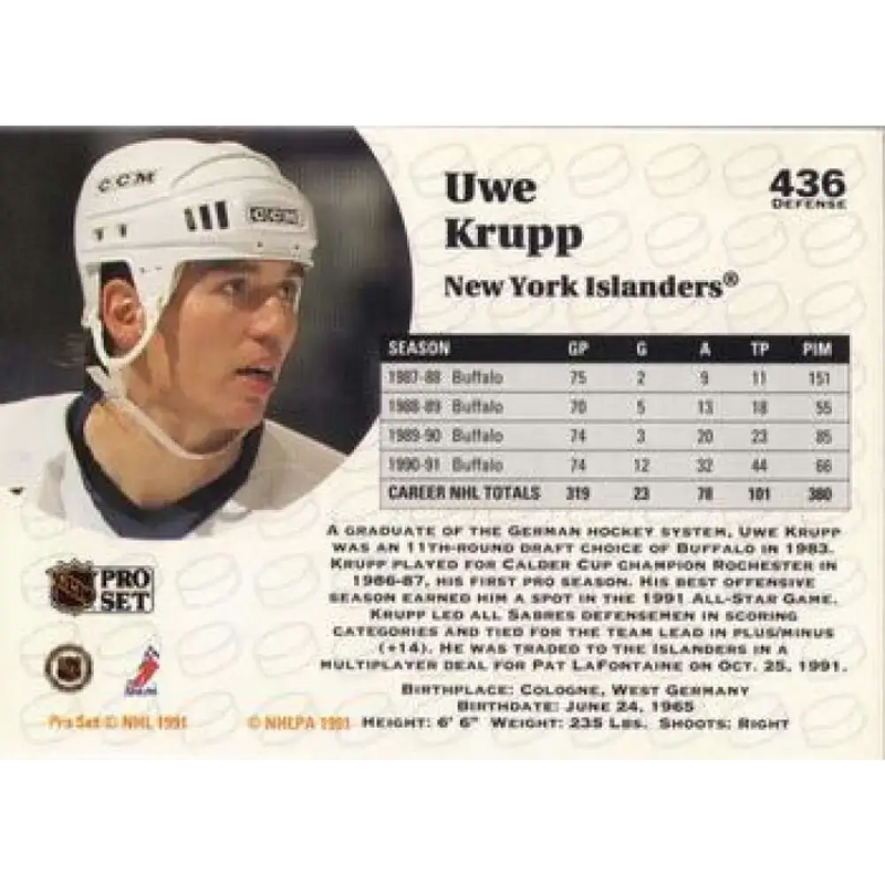 1991-92 Pro Set #436 Uwe Krupp NM-MT New York Islanders Hockey Card - Hockey Card Single