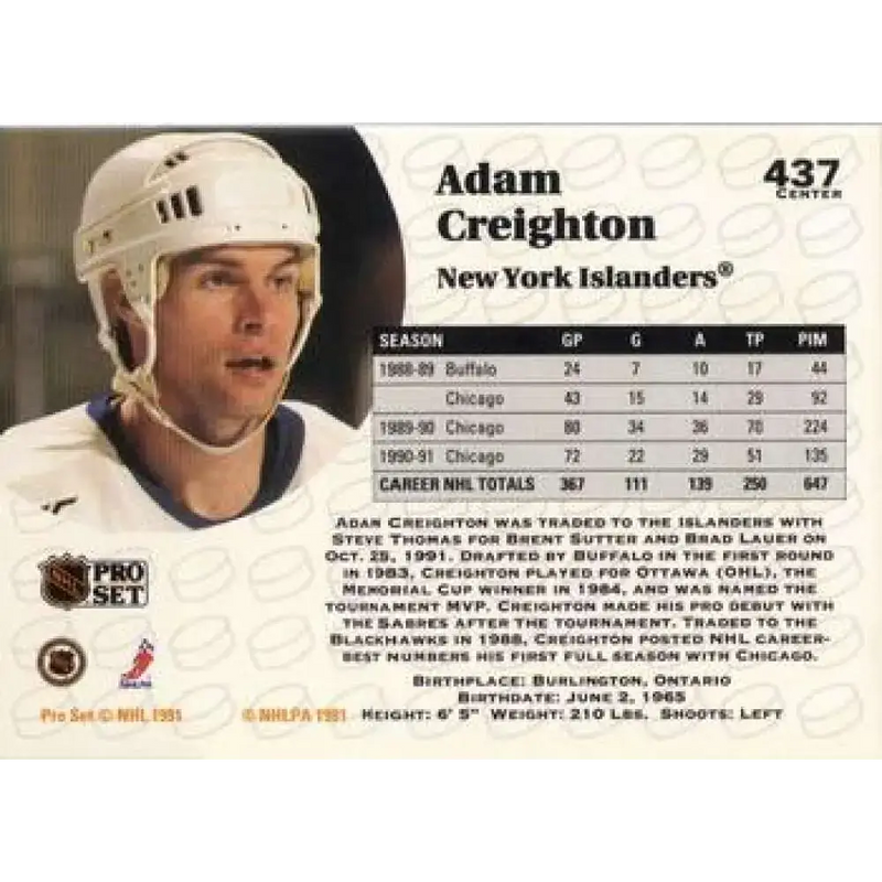 1991-92 Pro Set #437 Adam Creighton NM-MT New York Islanders Hockey Card - Hockey Card Single