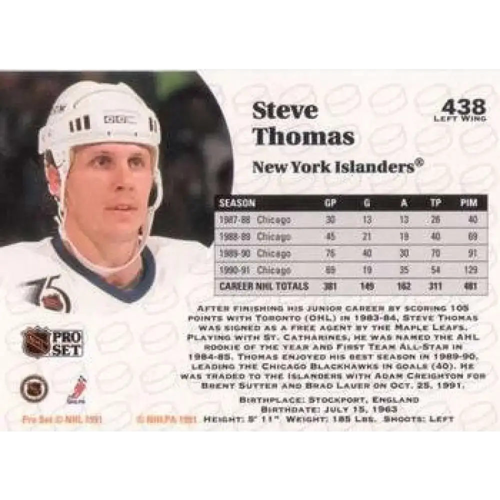 1991-92 Pro Set #438 Steve Thomas NM-MT New York Islanders Hockey Card - Hockey Card Single
