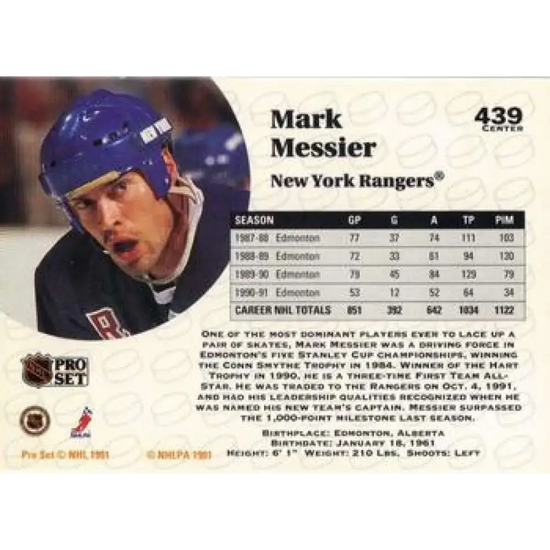 1991-92 Pro Set #439 Mark Messier NM-MT New York Rangers Hockey Card - Hockey Card Single