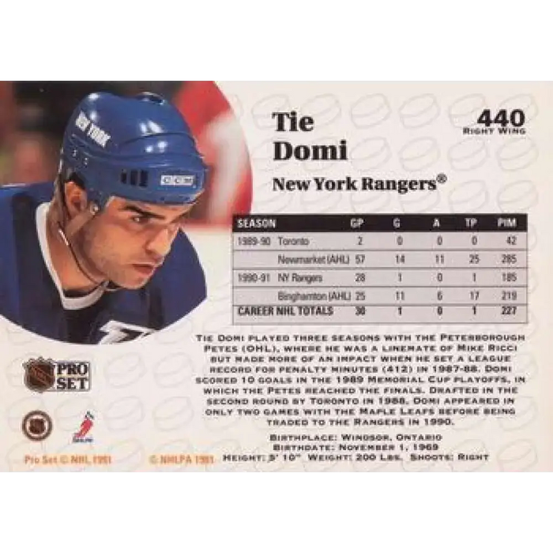 1991-92 Pro Set #440 Tie Domi NM-MT New York Rangers Hockey Card - Hockey Card Single