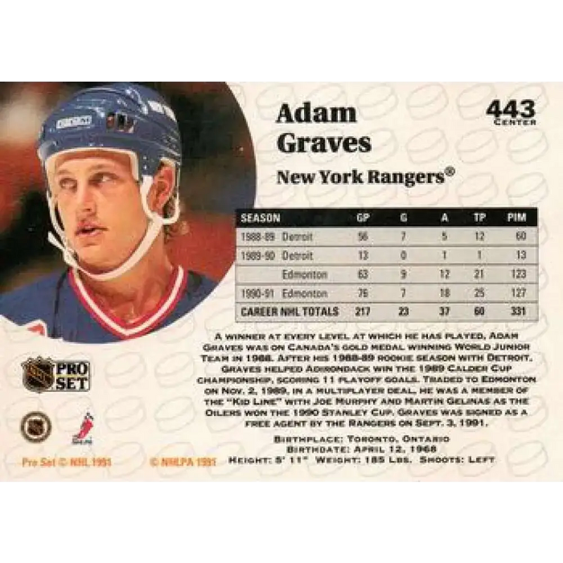 1991-92 Pro Set #443 Adam Graves NM-MT New York Rangers Hockey Card - Hockey Card Single