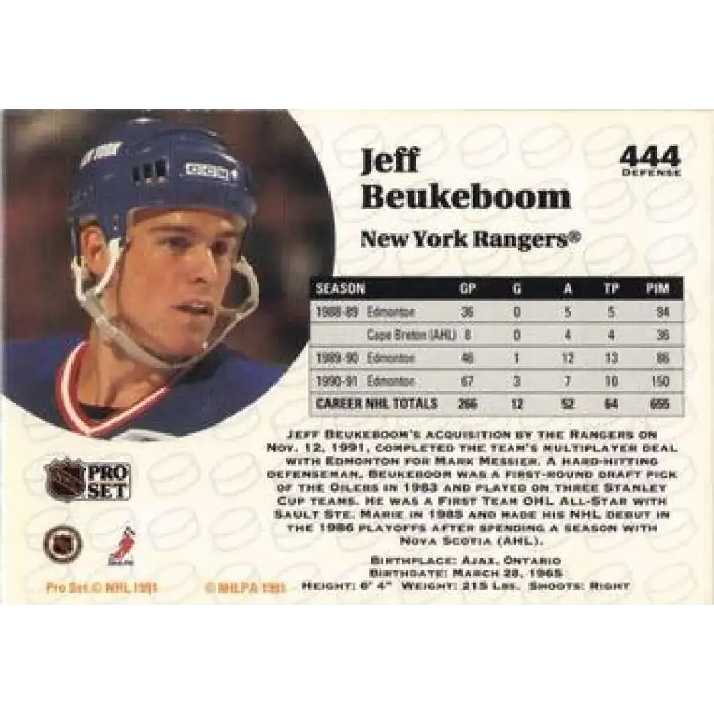 1991-92 Pro Set #444 Jeff Beukeboom NM-MT New York Rangers Hockey Card - Hockey Card Single