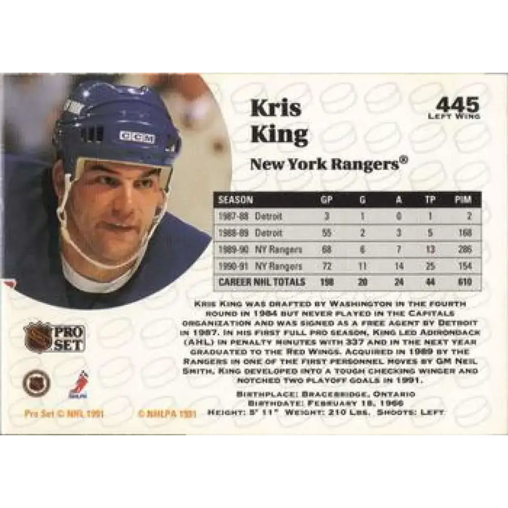 1991-92 Pro Set #445 Kris King NM-MT New York Rangers Hockey Card - Hockey Card Single
