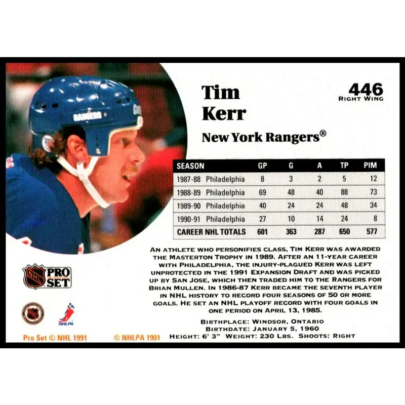1991-92 Pro Set #446 Tim Kerr NM-MT New York Rangers Hockey Card - Hockey Card Single