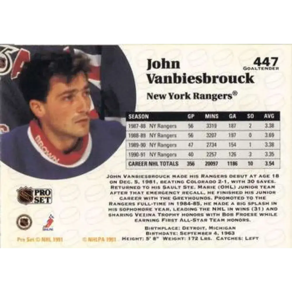 1991-92 Pro Set #447 John Vanbiesbrouck NM-MT New York Rangers Hockey Card - Hockey Card Single