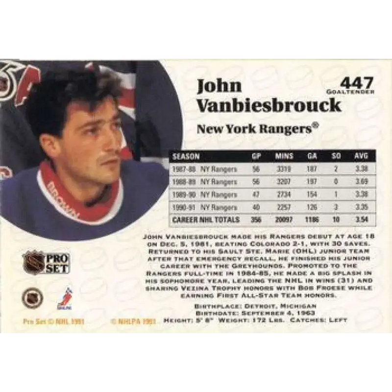 1991-92 Pro Set #447 John Vanbiesbrouck NM-MT New York Rangers Hockey Card - Hockey Card Single