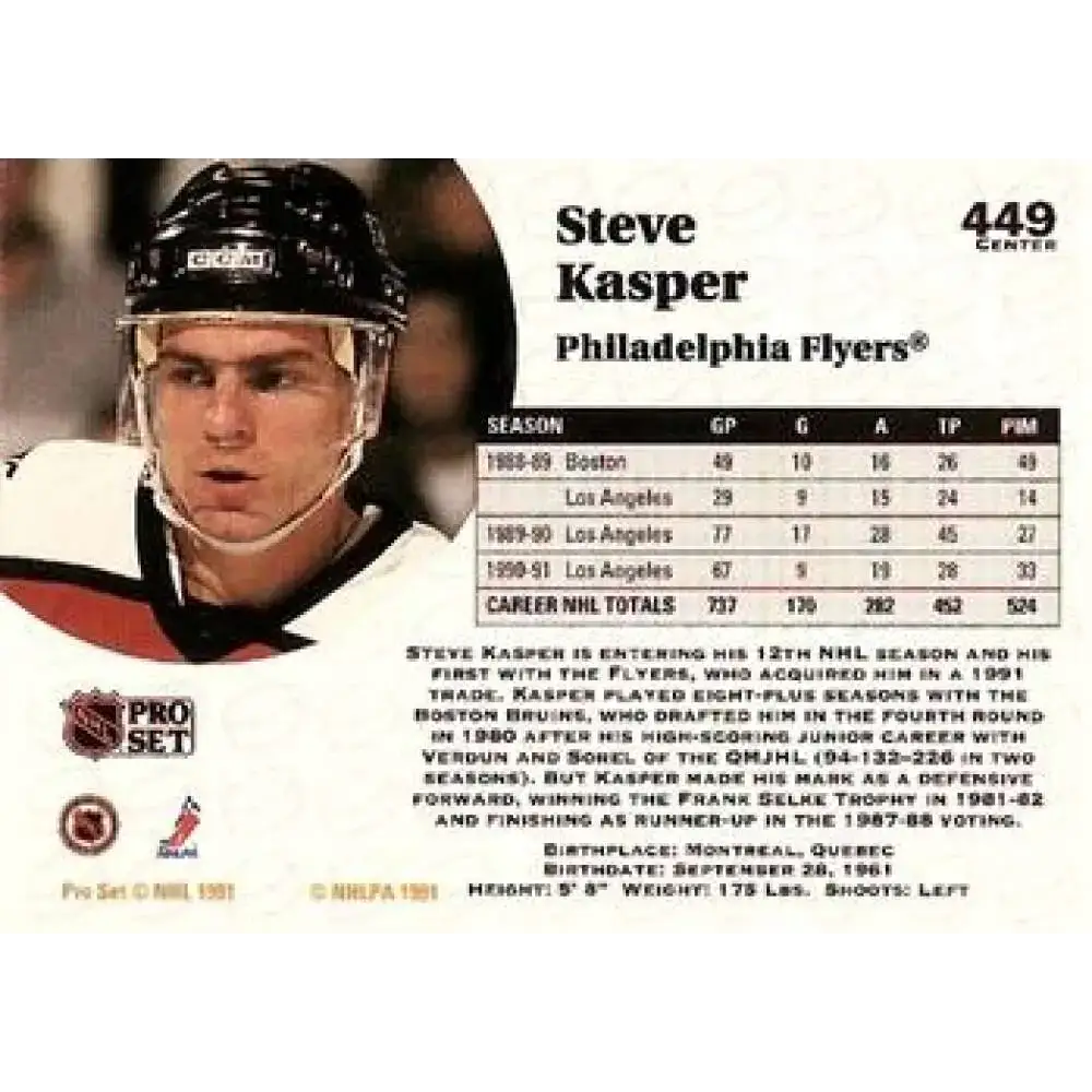 1991-92 Pro Set #449 Steve Kasper NM-MT Philadelphia Flyers Hockey Card - Hockey Card Single