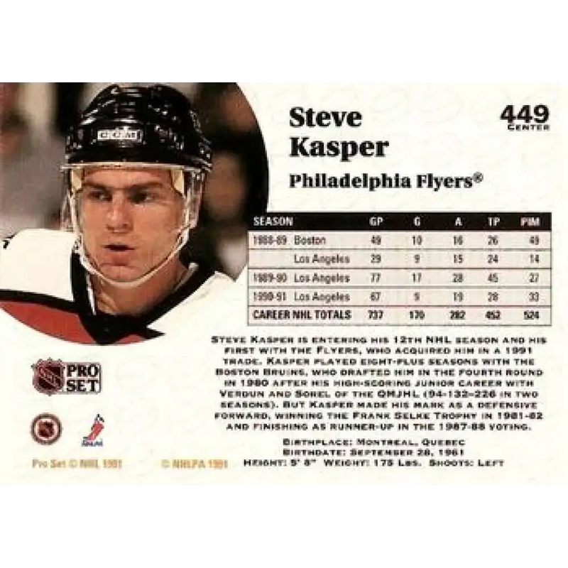 1991-92 Pro Set #449 Steve Kasper NM-MT Philadelphia Flyers Hockey Card - Hockey Card Single